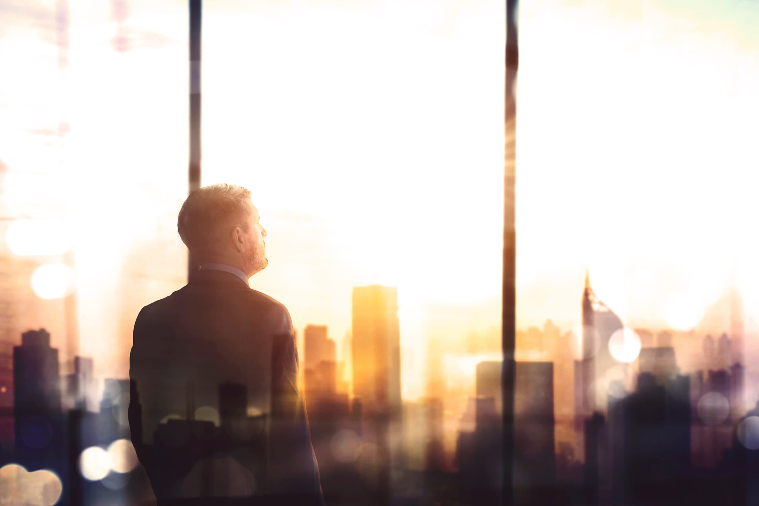 Business professional looking out over a city skyline