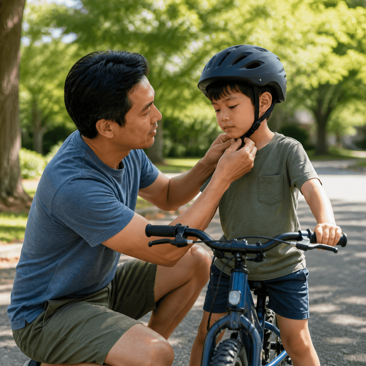 Father fastening his son's bicycle helmet before a ride