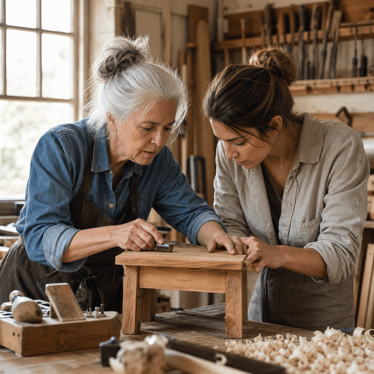 Two women from different generations building a wooden stool together