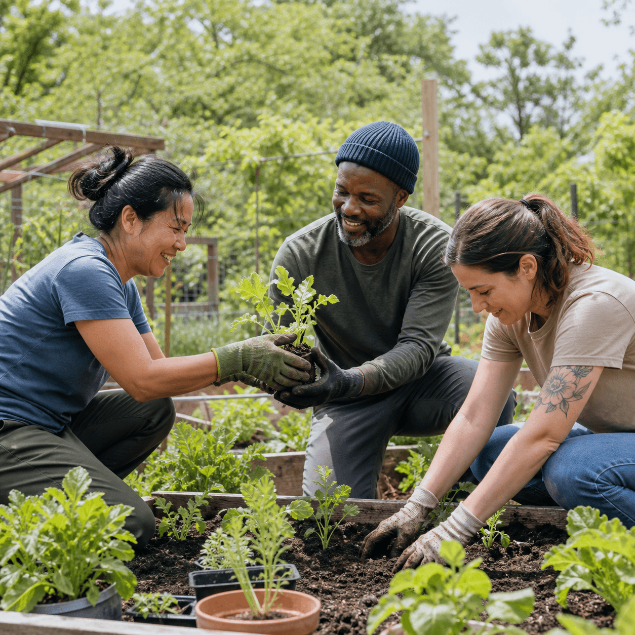 Three volunteers planting a community garden together