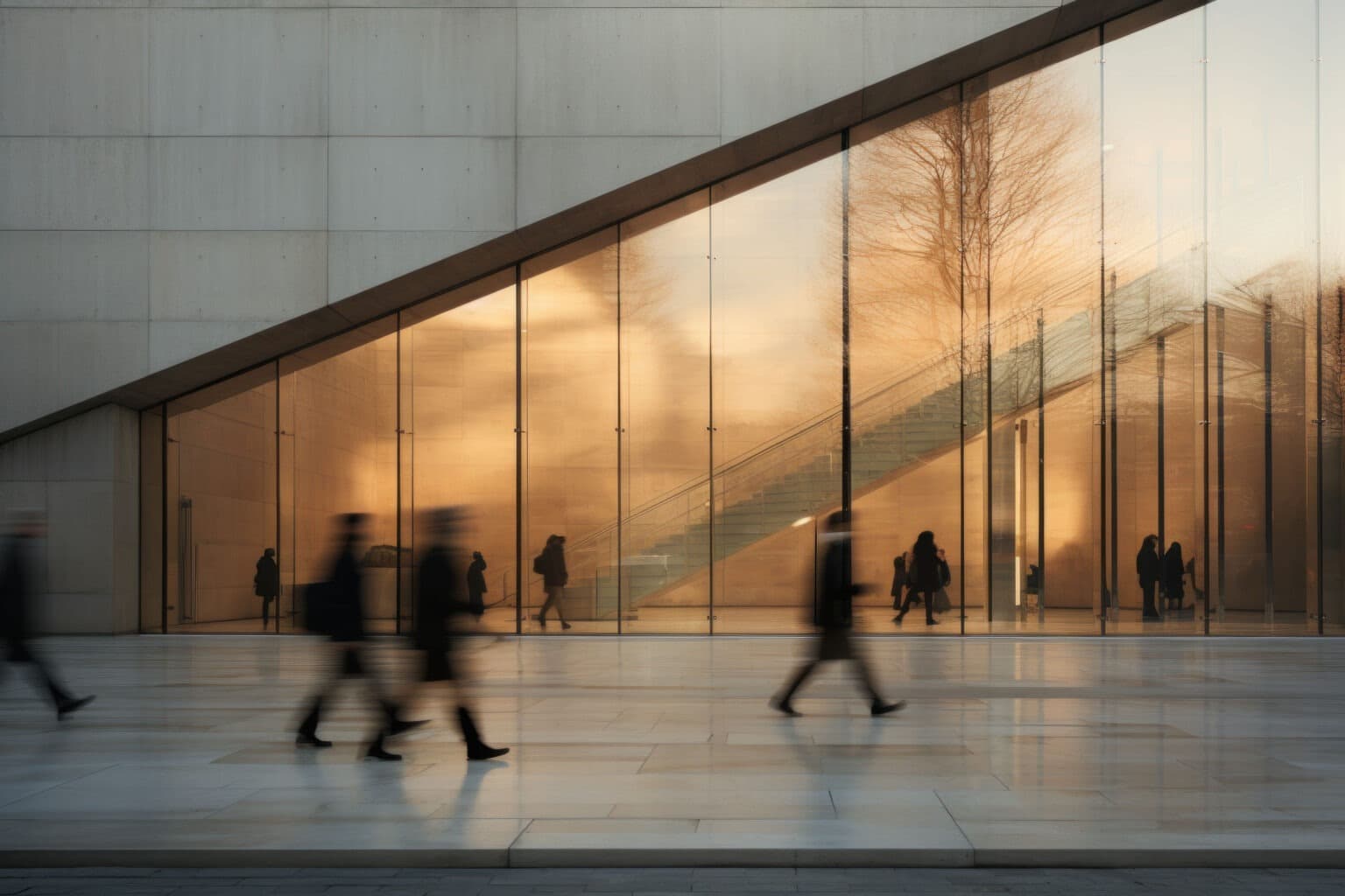 People walking through a modern glass office building