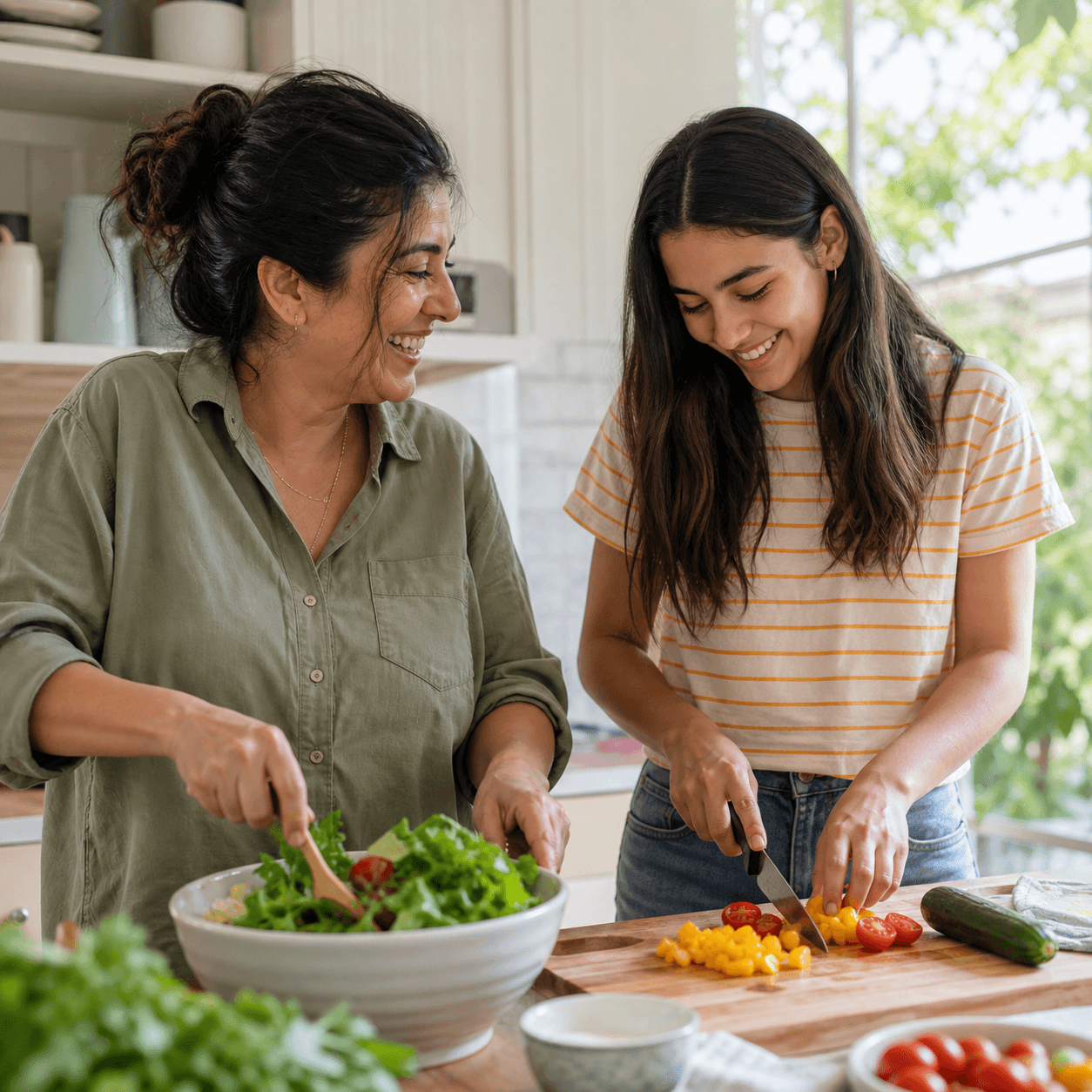 Mother and teenage daughter preparing a meal together at home