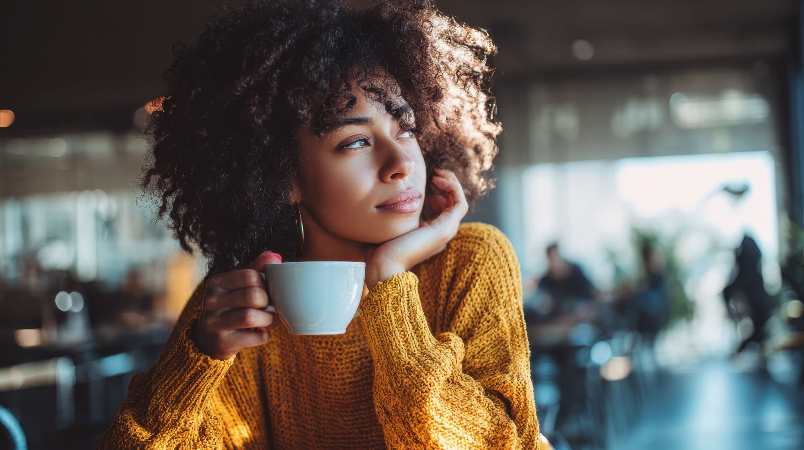 Woman enjoying a cup of coffee at a cafe