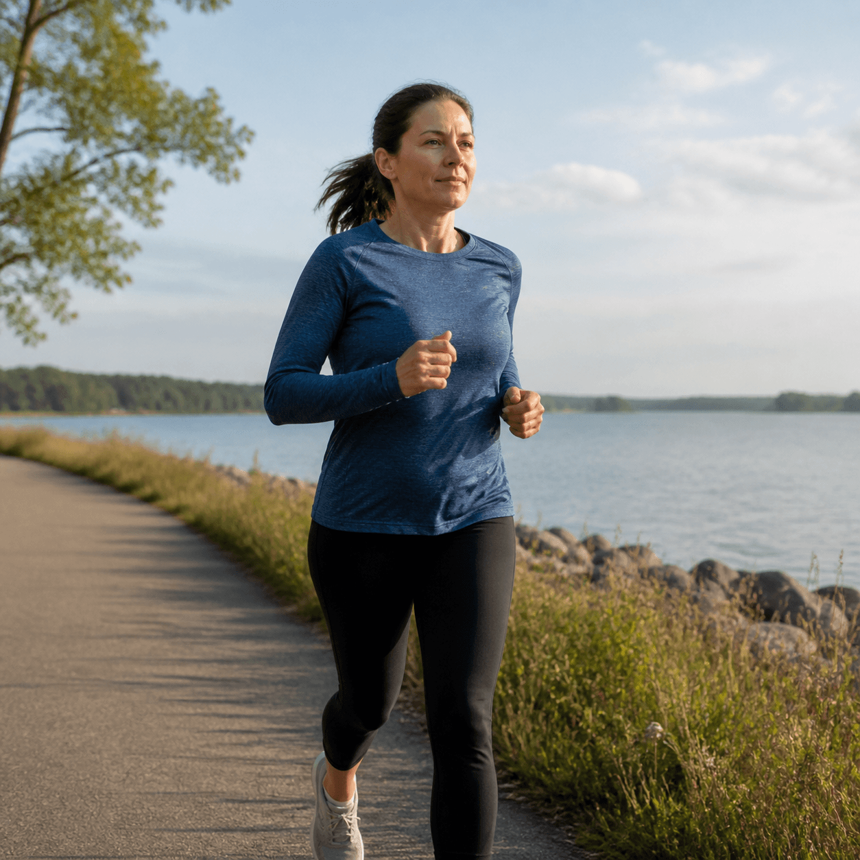 Woman jogging on a waterfront path