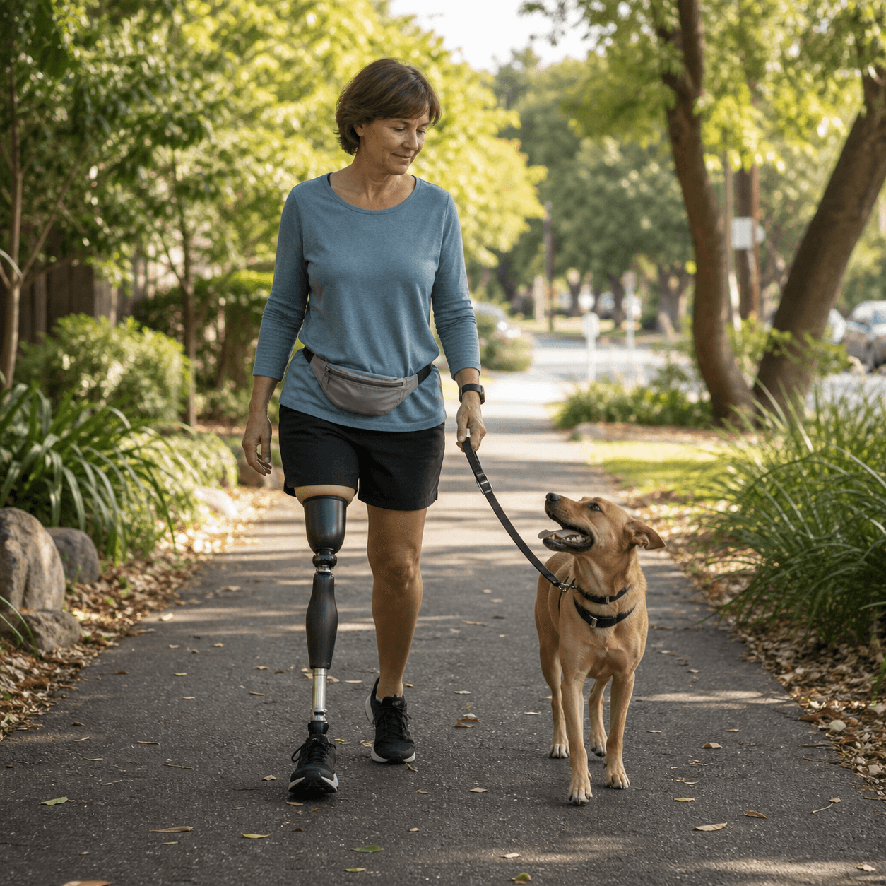 Woman with a prosthetic leg walking her dog on a neighborhood path