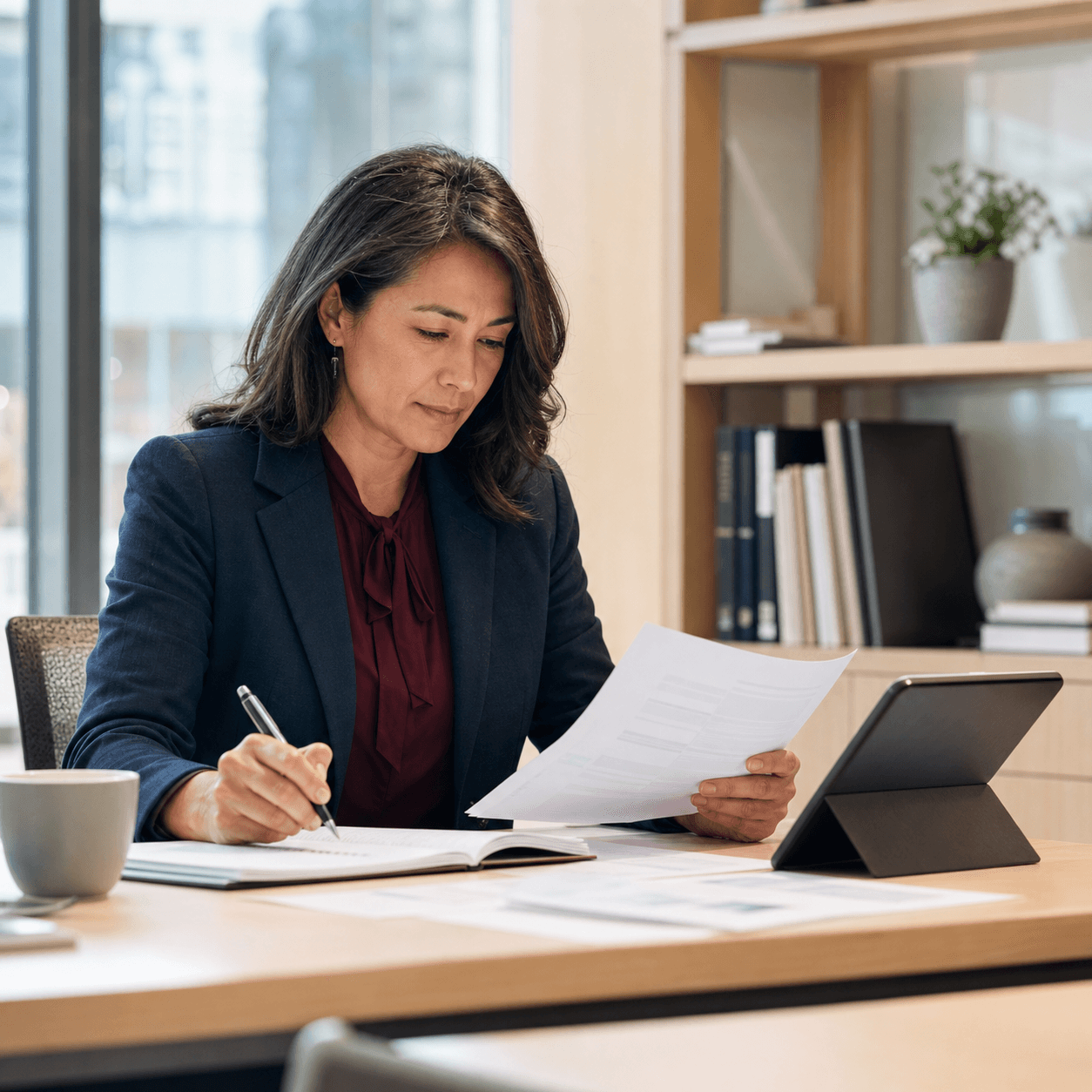 A pharmacy benefit reviewer working through case documentation at her desk